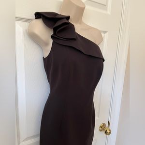CARMEN MARK VALVO Chocolate Brown One-shoulder Cocktail Dress 4 *NEW Silk Lined